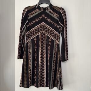 Free People Brown Stella Long Sleeve Mock Neck Geometric Boho Dress Small